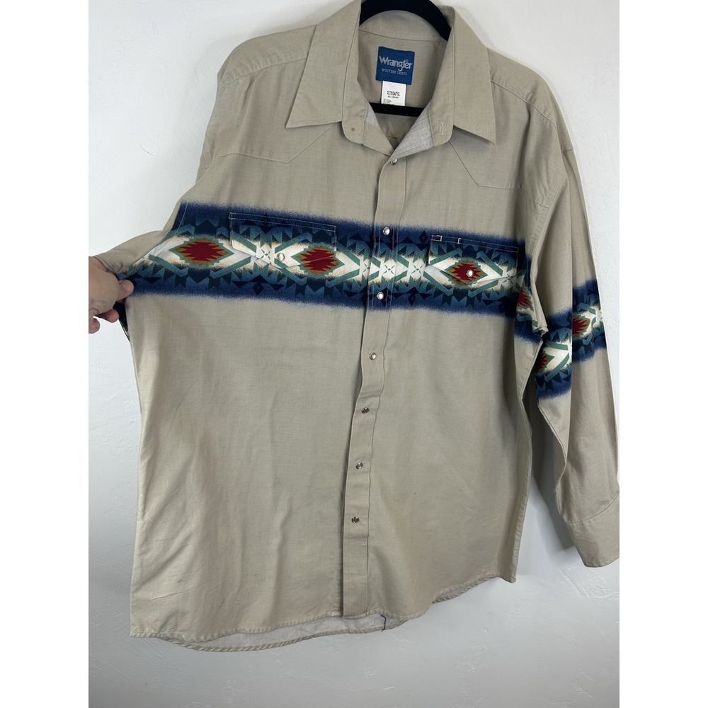 Wrangler Vintage Pearl Snap Long Sleeve Shirt Western Cowboy Southwestern Aztec - Picture 8 of 10